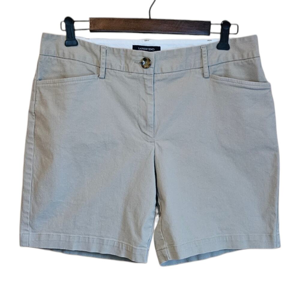 Lands' End Size 8 Khaki Beige Mid Rise Stretch Cotton Chino Shorts
